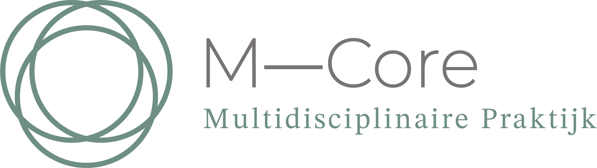 Logo van praktijk M-Core, multidisciplinaire zorgpraktijk voor kinesitherapie, osteopathie, causopractie, podologie en NEI-therapie.